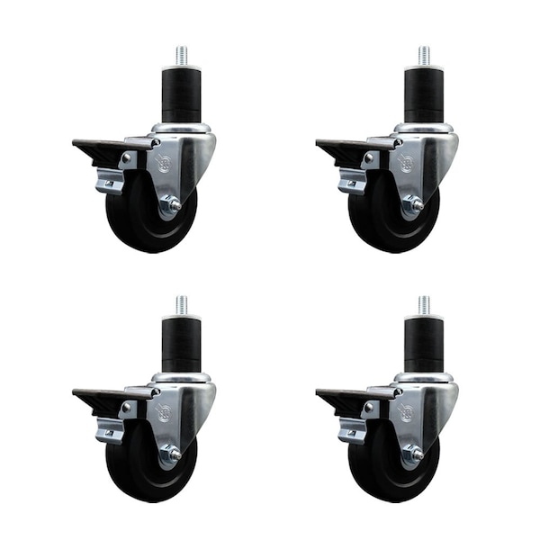 3.5'' Hard Rubber Swivel 1-3/4'' Expanding Stem Caster Set with Brake, 4PK